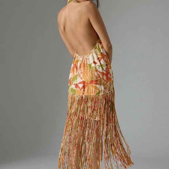 New FARM Rio Leopard Forest Fringed Halter Dress - Picture 6 of 7